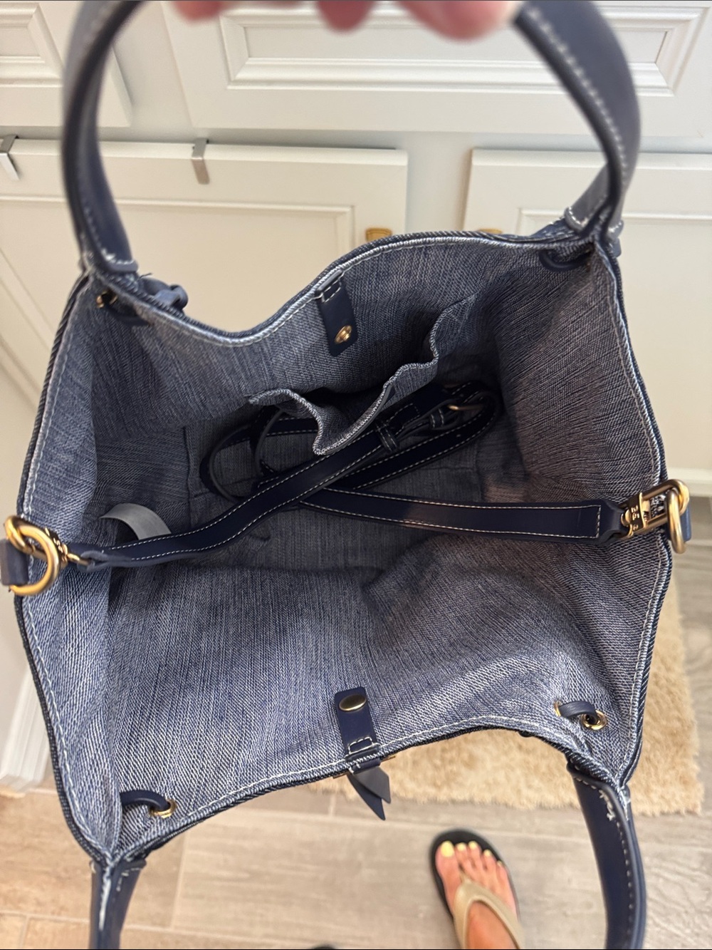 Sam Edelman Dark Blue Denim Fringe Tote with Gold Logo - Picture 4 of 4